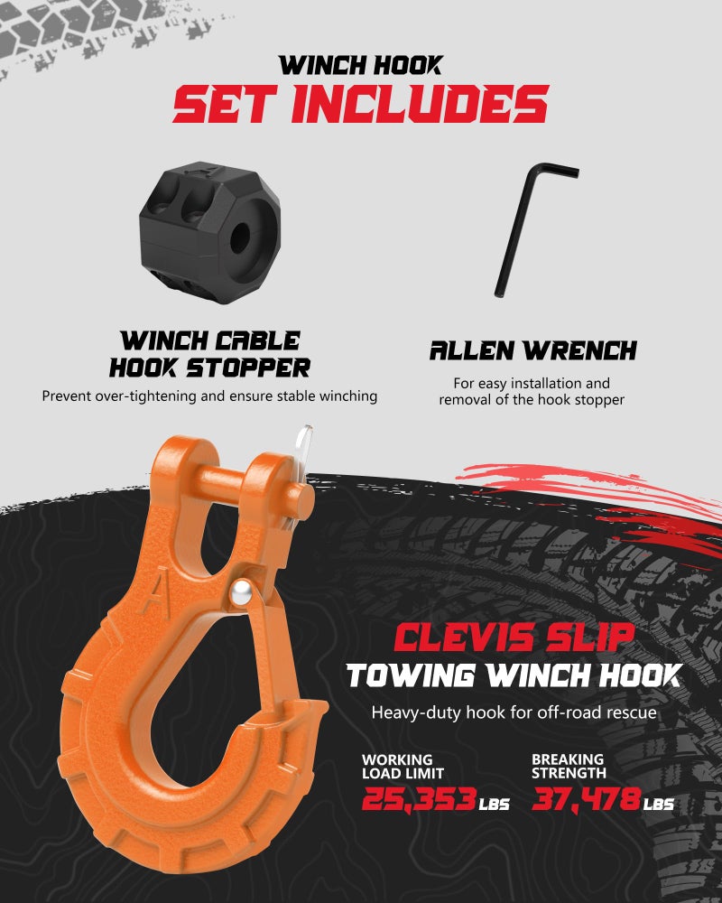 AMBULL 3/8" Winch Hook & Winch Cable Hook Stopper Sets, Heavy Duty Grade 70 Forged Steel Recovery Hook with Safety Latch, Included Allen Wrench,Max 37,478 Lbs, Orange - Image 3
